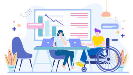 Two people work on laptops in an office for a business or technology related concept, co-working spaces, remote work, or collaboration.