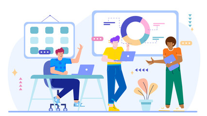 Three people discussing work in a modern office setting. Ideal for business presentations, website content, corporate marketing materials, and blog posts.