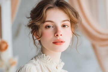 A young woman with curly brown hair wearing a white lace top and earrings, standing in front of a window with sheer curtains.