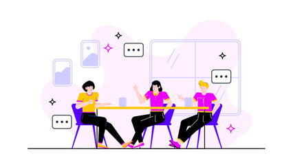 Three people discuss work issues at office table. Suitable for illustrating workplace collaboration, business meetings, teamwork, or corporate communication themes.