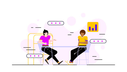 Two people discussing a graph at a table. Suitable for business presentations, financial reports, teamwork concepts, and data analysis materials.