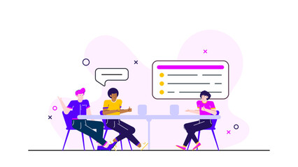 Three people having a discussion at a round table. Suitable for business, teamwork, brainstorming, collaboration concepts in presentations or designs.