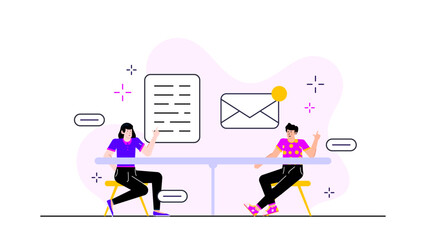 Two people discussing an email at a table. Perfect for business communication concepts or workplace meetings in a modern office setting.
