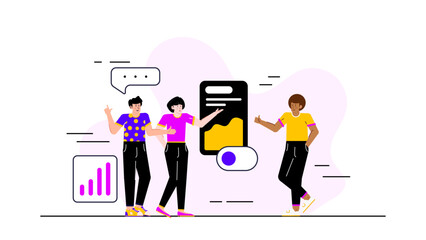 Three people discussing a chart on a phone, ideal for technology related websites, business presentations, teamwork concepts, financial reports, and communication articles.