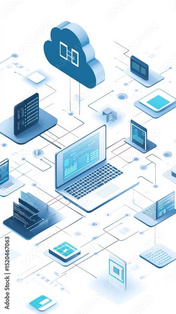 Poster data exchange isometric visualization demonstrating interconnected devices network