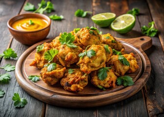 Crispy pakoras sprinkled with chaat masala and served on a wooden platter
