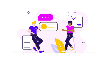 Two people engaged in a conversation about a project, suitable for business, collaboration, teamwork, planning, brainstorming, and communication concepts.