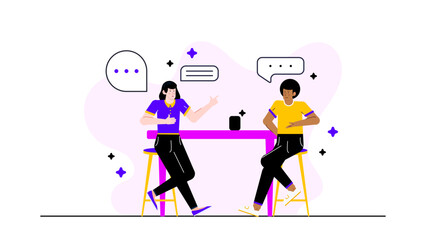 Two people on stools talking, suitable for communication concepts, discussions, social interactions, podcasts, interviews, or diverse conversations in various settings.