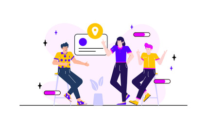 Three people discussing a location, perfect for illustrating teamwork, brainstorming, business meeting, travel planning, social gathering concepts.