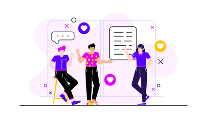 Three cartoon characters near a whiteboard with hearts and a speech bubble. Ideal for conveying emotions and messages playfully.