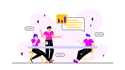 Three people engaged in a conversation over a vibrant graph, suitable for business presentations, teamwork concepts, or financial analysis materials.