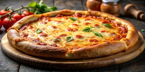 A perfectly baked pizza with a thick crust and gooey melted cheese on top