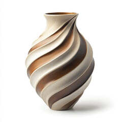A modern ceramic vase with a textured surface, featuring horizontal bands of blue, orange, and yellow.