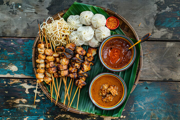 High-Angle Close-Up of Asian-Style Dishes on Wooden Tray with Banana Leaves