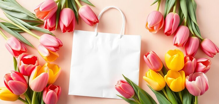 Pink & yellow tulips surround a white gift bag on beige  Perfect for Valentine's, Mother's Day, or birthday greetings,   beautiful,  beige background