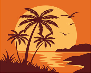 Tropical Sunset Palm Trees Silhouette Vector Illustration Exotic Beach Scene