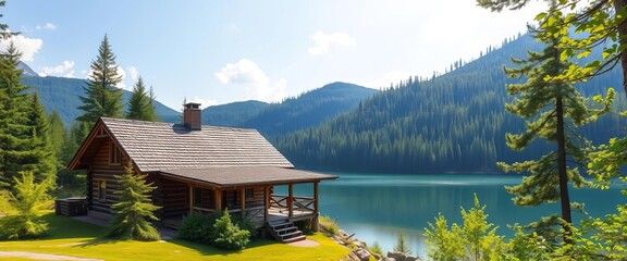 Rustic cabin nestled amongst lush green forest, overlooking tranquil lake on sunny summer day,  sky,  peaceful