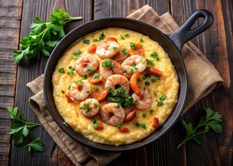 Shrimp and Grits in a Cast Iron Pan with Fresh Parsley Garnish