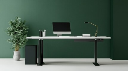 Home office desk with dark green wall and white table