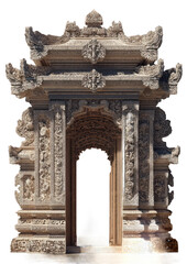 Obraz premium Intricate Stone Carving of a Balinese Temple Gateway with Ornate Architectural Details