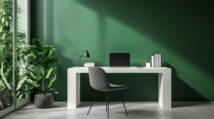 Home office desk with dark green wall and white table