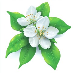 Two dewy white blossoms with vibrant green leaves, digitally rendered, isolated on white