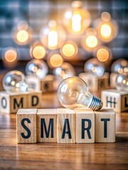Wooden blocks with SMART acronym and glowing light bulbs in a modern setting