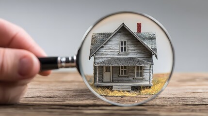 A hand holding a magnifying glass over an old, weathered house on a wooden surface, symbolizing detailed inspection or close examination of property.