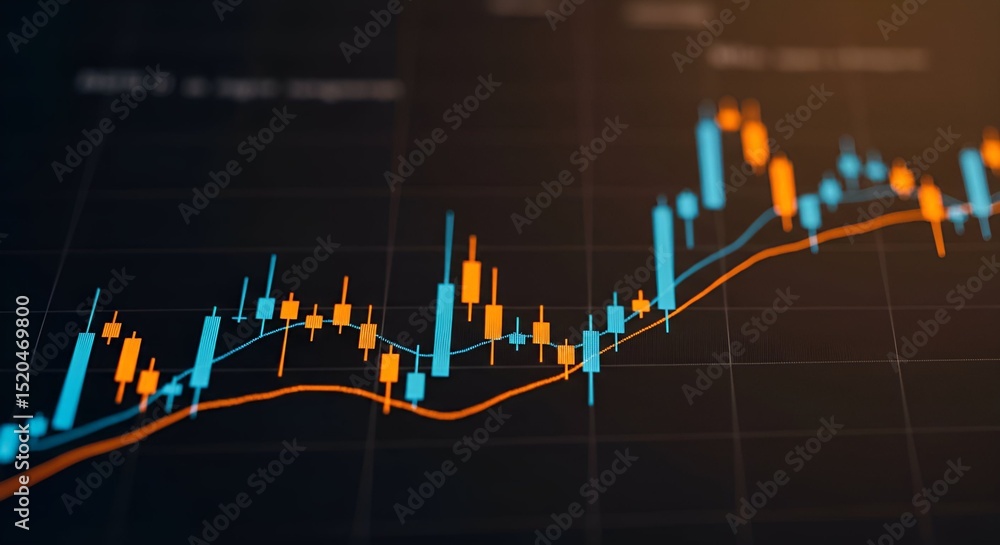 Aufkleber a close-up of a financial chart displaying orange and blue candlestick patterns with overlaid moving