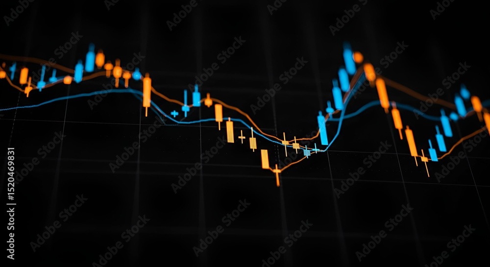 Poster a financial chart displaying candlestick patterns in blue and orange, highlighting market trends wit
