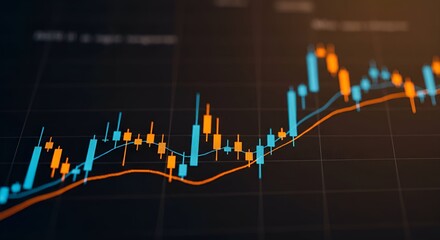 A close-up of a financial chart displaying orange and blue candlestick patterns with overlaid moving averages on a dark background.
