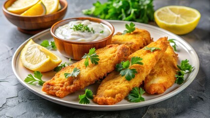 Fototapeta premium Crispy fried fish fillets on a plate with side of tangy tartar sauce and lemon wedges garnished with fresh parsley