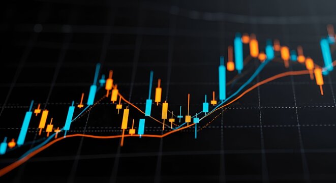 A close-up of a financial chart showing candlestick patterns in blue and orange, overlaid on a dark grid background. - Powered by Adobe