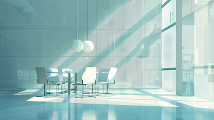 Minimalist Teal-Blue Meeting Room with Glass Table and Modern Chairs