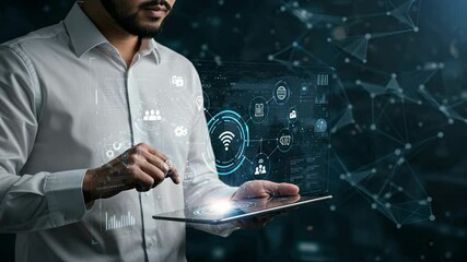 Person interacting with a digital tablet displaying interconnected data visualizations - Powered by Adobe