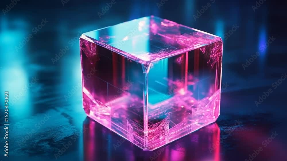 Poster elegant crystal cube rotating slowly with colorful and reflective light effects