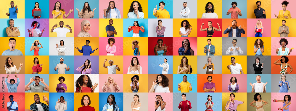 Poster This vibrant collection features a diverse group of individuals displaying various lifestyles and expressions. Each portrait captures unique characteristics against brightly colored backgrounds.