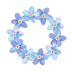 Wreath, round frame, template of forget-me-not flower, Myosotis, abstract fantasy blue flower, garden plant, botany, collection of floral illustration. Hand drawn watercolor single isolated object