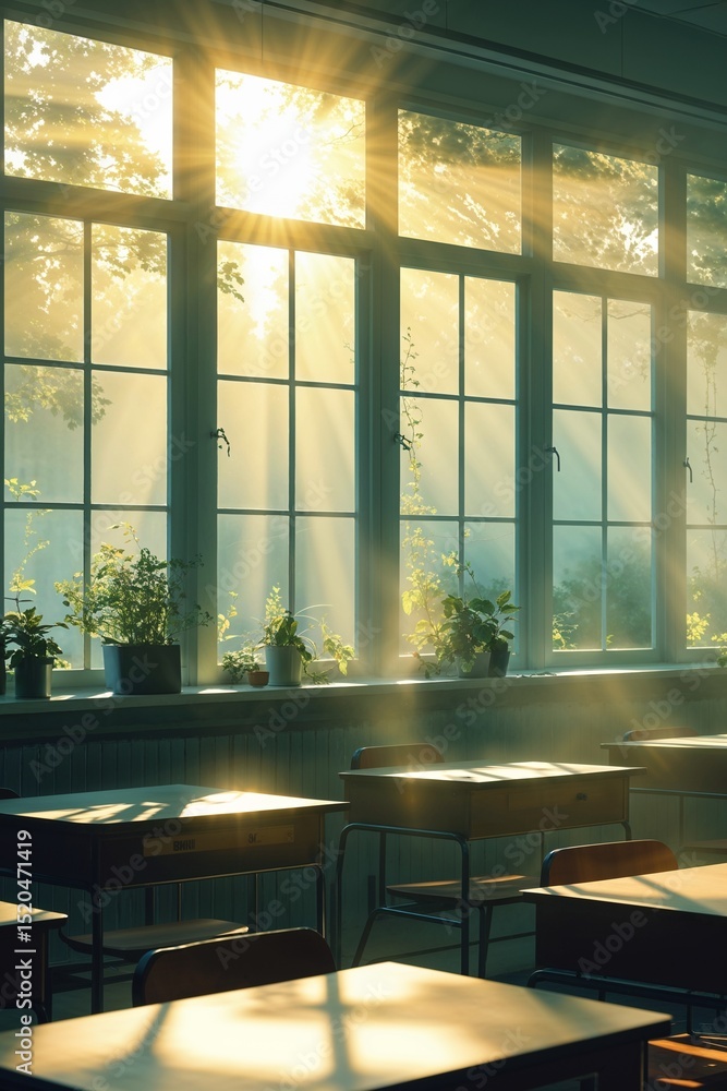 Aufkleber hazy morning sunlight filtering through classroom windows with soft shadows background wallpaper for