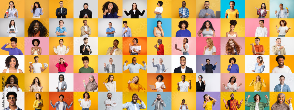 Poster a collection of portraits featuring diverse individuals displaying various facial expressions and ge