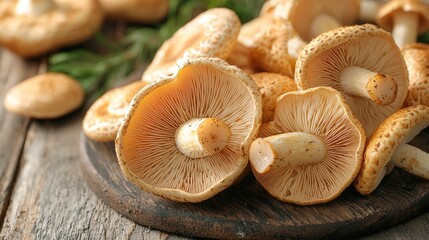 Fresh mushrooms on a wooden board