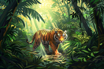 Stylized Realistic Tiger Walking Through Sunlit Jungle Foliage

