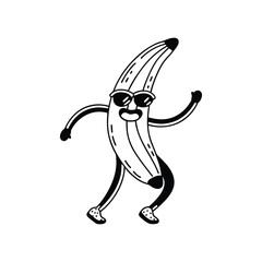 funny cartoon banana vector art character with sunglasses dancing isolated on white background.