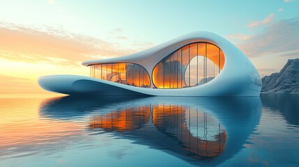 Obraz premium Futuristic house on water at sunset