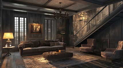 Living room interior in loft, industrial style