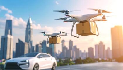 Drones delivering packages in city