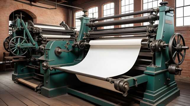 Historic or industrial sheetfed printing press with paper in motion