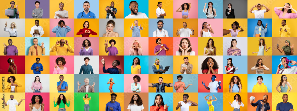 Poster a vibrant collage features a diverse group of individuals expressing various emotions and gestures. 