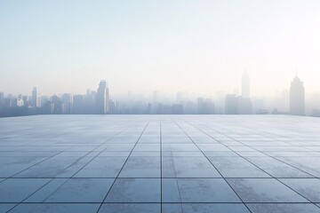 Foggy Cityscape Skyline. Elevation and Perspective of Modern Urban Architecture