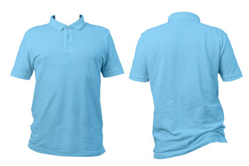 Front and back view of plain blue polo shirt isolated on white background, apparel template for fashion and branding